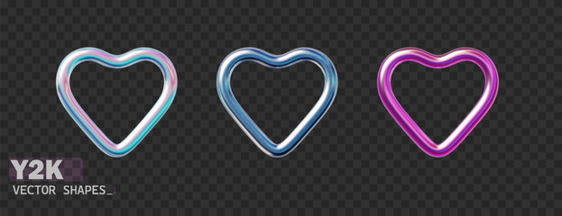 3d chrome Y2K metal heart set. Holographic hearts in Y2K style isolated on black. Future galaxy aesthetic design