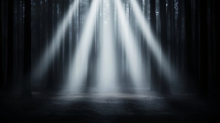 Glowing light beams breaking through a dense fog in a dark forest, mysterious and captivating, forest glowtime, eerie and enchanting