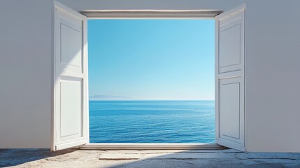 A captivating image of an open window revealing a stunning view of the sea on a sunny day. The azure sky meets the sparkling blue water, creating a sense of freedom and tranquility. The white shutters