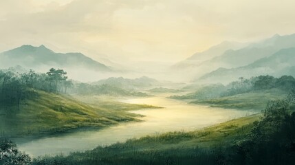 A captivating landscape painting depicting a serene valley nestled between misty mountains, with a winding river flowing through the center. The scene evokes a sense of peace, tranquility, and the bea