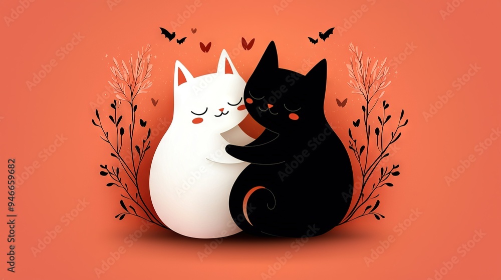 Poster a pair of feline companions sharing space on a rustic setting with lush foliage and fluttering insec
