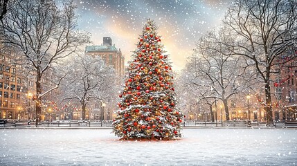   Christmas tree surrounded by snow-covered park with snowflakes falling around it, while buildings can be seen in the backdrop