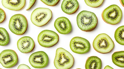 Fototapeta premium A captivating top-view image showcasing a vibrant mosaic of fresh kiwi slices arranged on a pristine white background. The green hues and intricate patterns of the kiwi fruit create a visually appeali