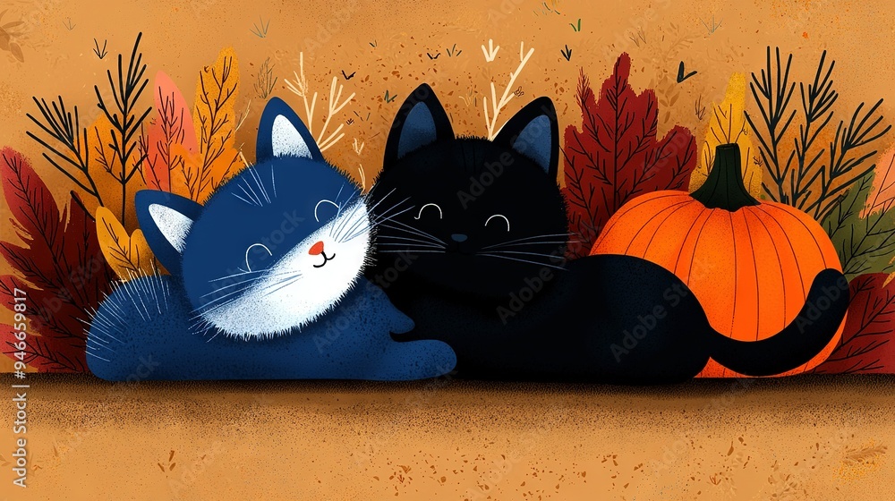 Poster a pair of felines lounging beside one another before an array of pumpkins and acorns on a table
