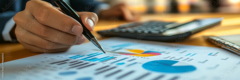 Poster a close-up image of a businessman's hand analyzing financial charts and graphs, highlighting the imp