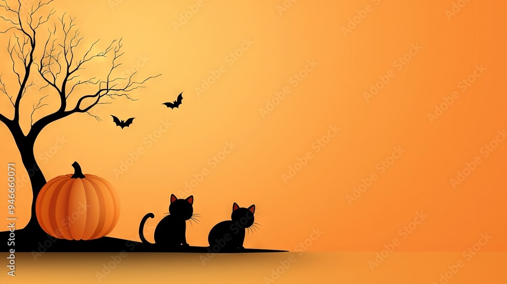 Sticker a pair of feline friends perched atop a hill overlooking a lone tree with an autumnal pumpkin nestle