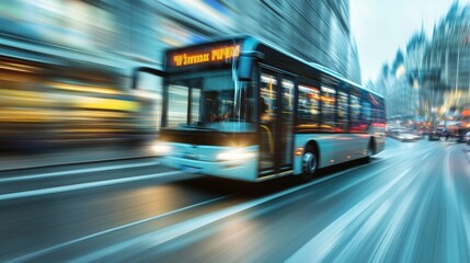A city bus speeds through traffic with motion blur, symbolizing urban transportation, efficiency, movement, speed, and the hustle of city life.