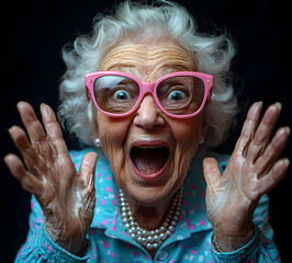 Older woman with pink glasses making a silly face