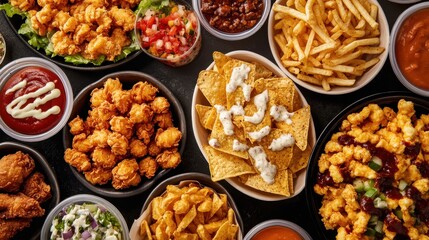 An enticing spread of various fast food offerings featuring nachos, fried chicken, and crispy fries in a lively dining environment