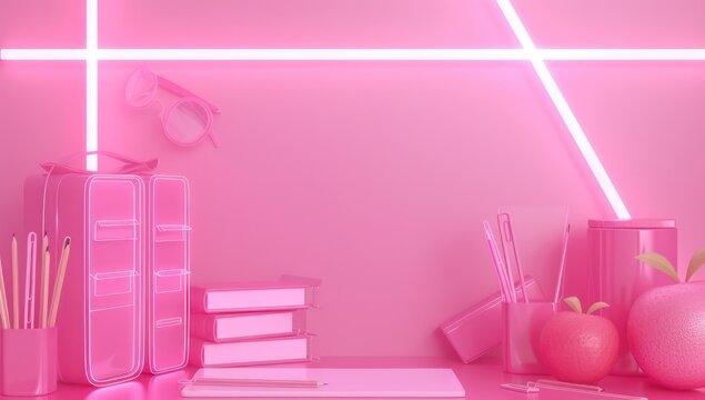 Neon pink setting with school essentials arranged elegantly, ideal for educational product showcases