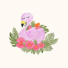 Watercolor Flamingo With Tropical Flowers and pink flowers with green leaves