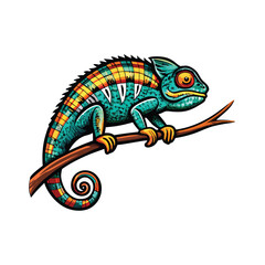 Create a detailed vector illustration of a chameleon changing colors, featuring vibrant hues and intricate scales.