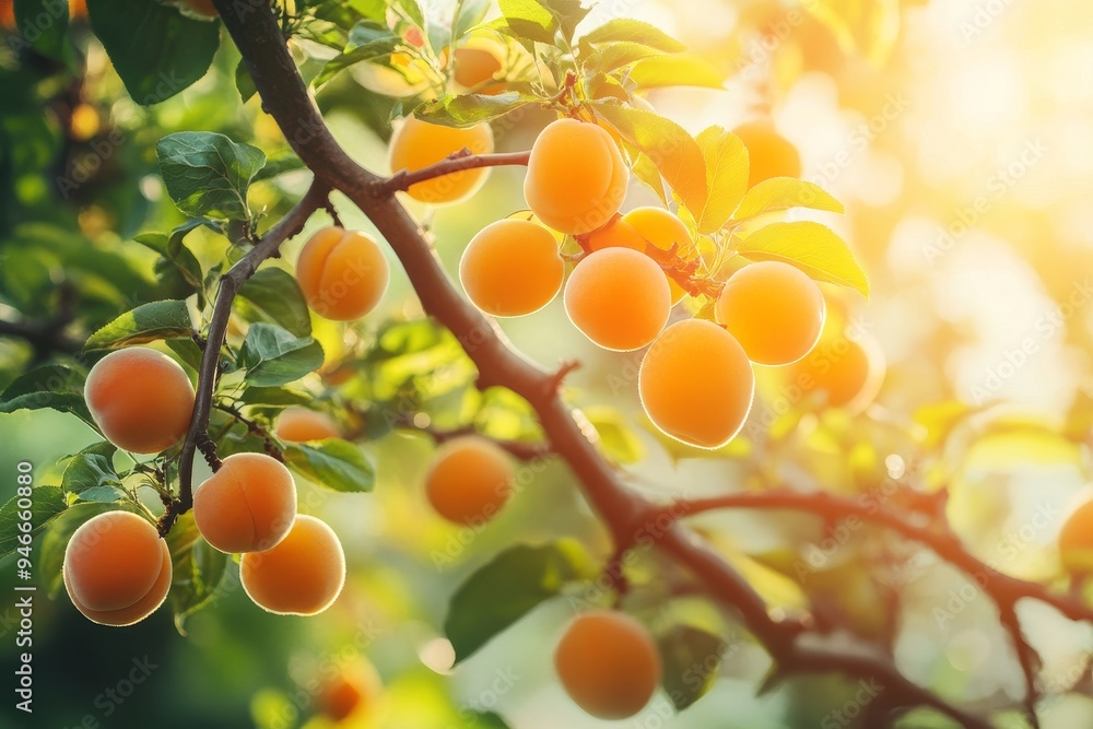 Poster a close-up image of ripe apricots hanging on a branch of an apricot tree, bathed in the warm glow of
