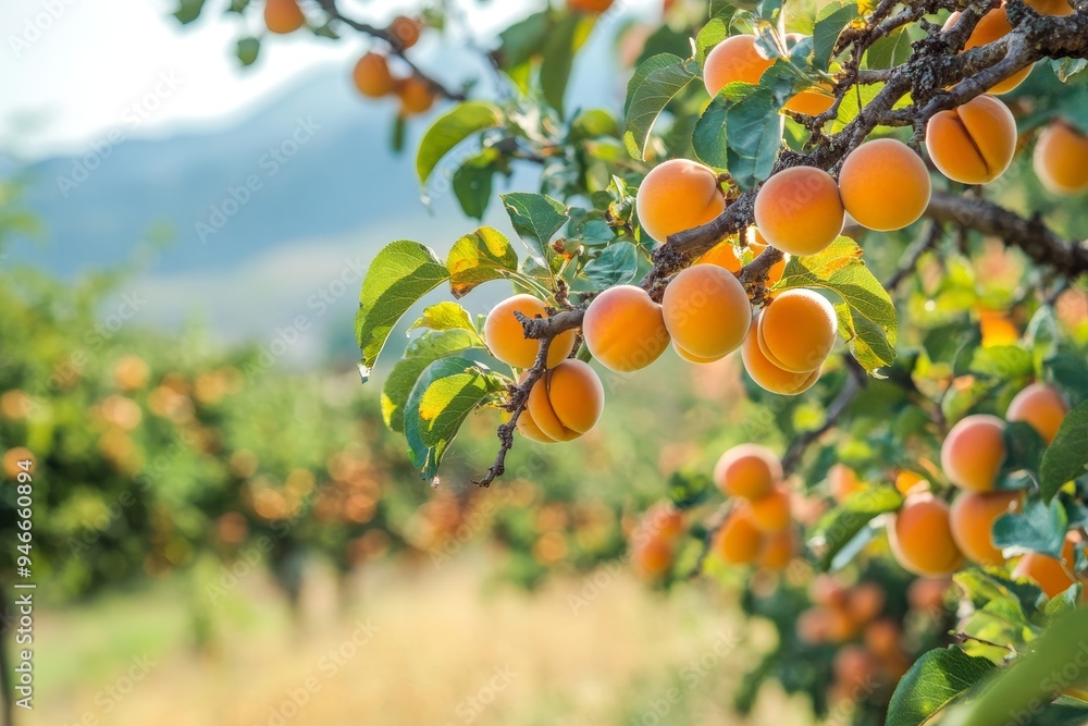 Poster a close-up image of ripe apricots hanging from a branch in a lush orchard. the apricots are vibrant 