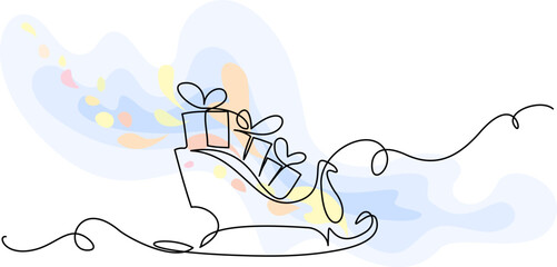 Santa sleigh with boxes of presents. Continuous one line drawing.