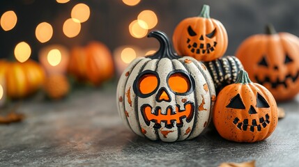 Halloween Pumpkins with Glowing Eyes and Bokeh Lights.