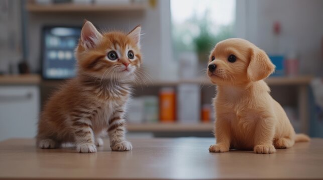 veterinary desk adorned with cute kitten and puppy figurines, perfect for a pet health concept banner that animal lovers will adore