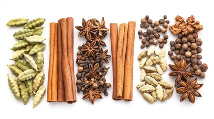 Variety of whole Indian spices, including cardamom pods, cinnamon sticks, and cloves, arranged neatly on a white background, no people.