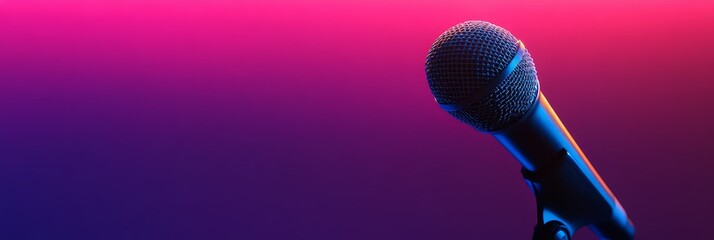 A close-up of a microphone against a vibrant pink and purple gradient background. The microphone symbolizes communication, performance, and the power of voice. The colors represent energy, creativity,