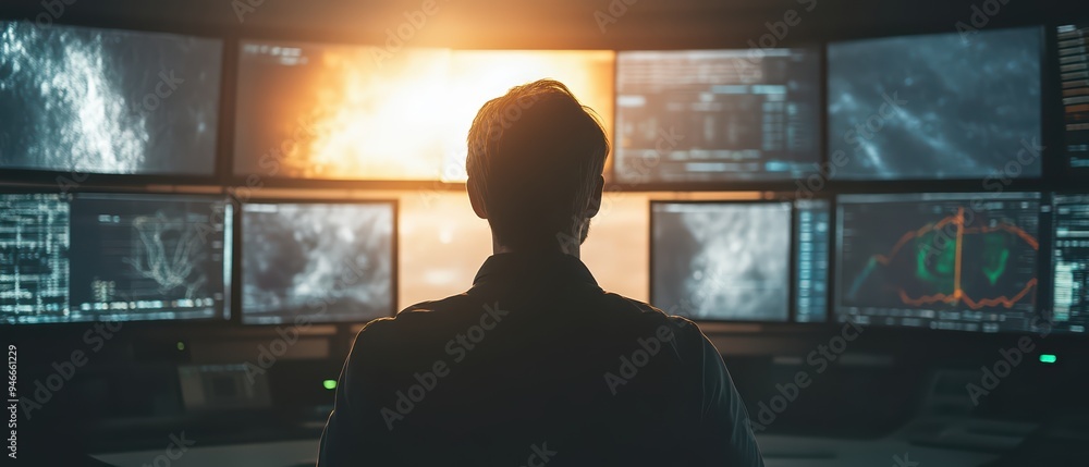 Poster a focused individual monitors multiple screens in a high-tech control room, analyzing data and obser