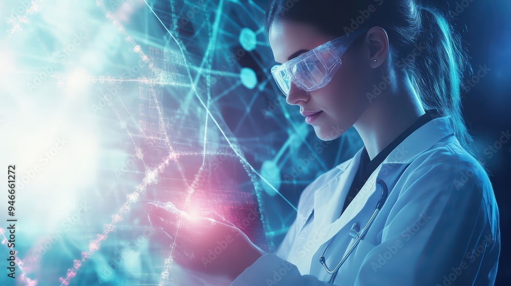 Poster a focused scientist analyzes data, illuminated by vibrant connections in a high-tech lab environment