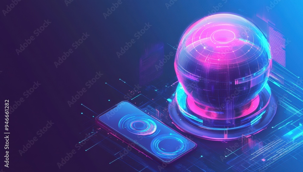 Poster an isometric illustration of an ai digital sphere with glowing lines and holographic elements around