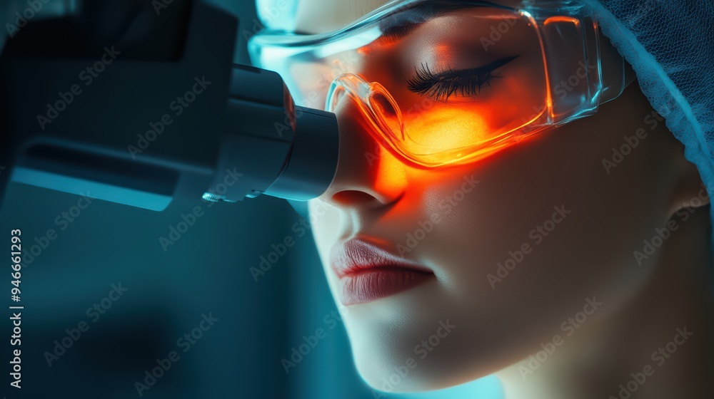 Poster a focused scientist examines samples through a microscope, showcasing precision and dedication in la