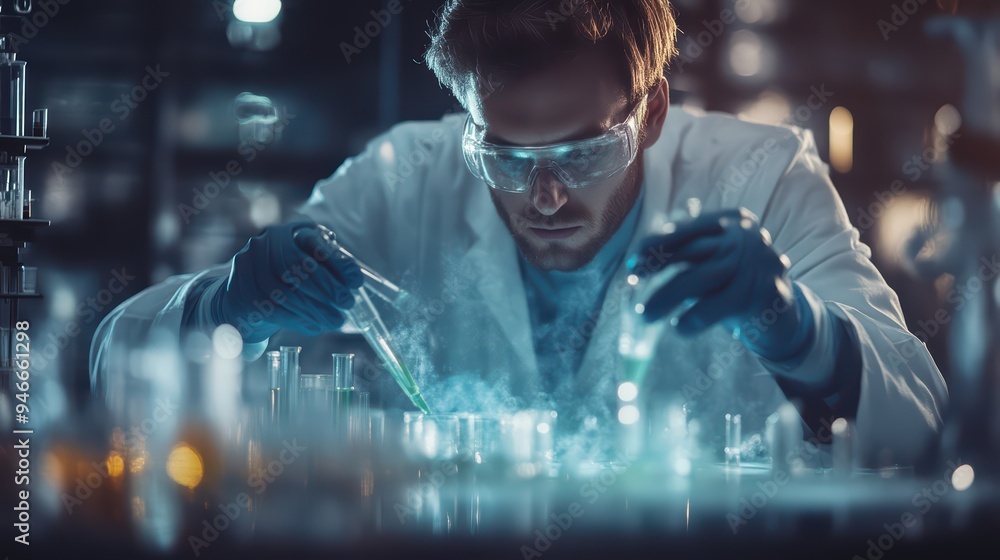 Aufkleber a focused scientist conducts an experiment in a modern laboratory, utilizing various glassware and v