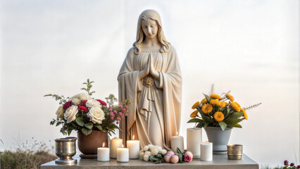 All Saints' Day altar, traditional setup, religious offerings and candles
