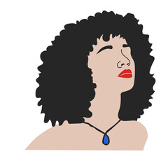 WOMAN WITH BLACK CURLY HAIR, BLUE NECKLACE AND RED LIPS