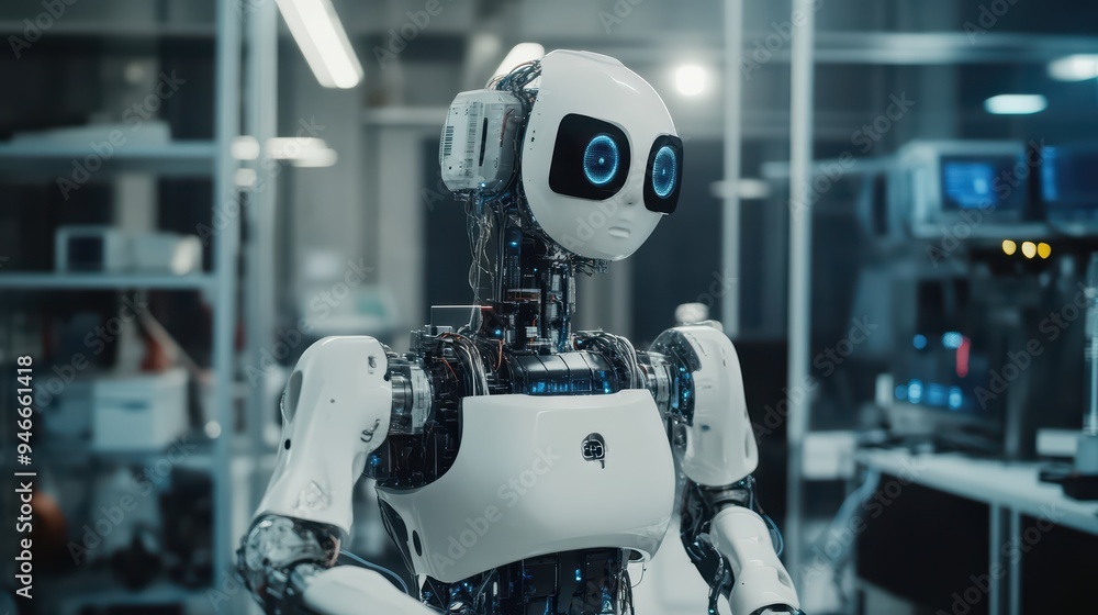 Aufkleber a futuristic robot with expressive eyes in a high-tech laboratory, showcasing advanced technology an