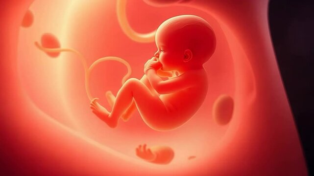 The video shows a detailed view of a developing fetus in the womb, highlighting key stages of human development during early pregnancy. It emphasizes the complexity of growth. 