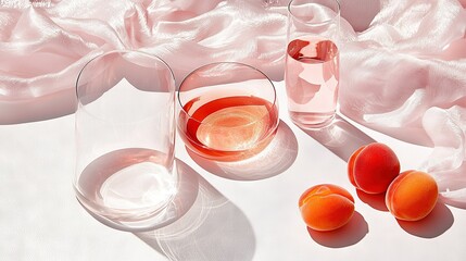   A white table, three glasses filled with liquid, and peaches alongside a water bottle and three additional peaches