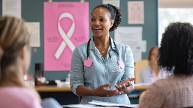 A healthcare worker explaining the importance of regular breast cancer screenings to a group of women at a local community center, using a pink ribbon poster as a visual aid, emphasizing the need for