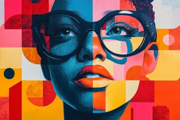 A close-up portrait of a woman wearing glasses,  in a vibrant, abstract style.  The artwork features bold geometric shapes and vibrant colors, creating a striking and visually engaging composition.  T