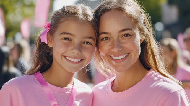 A young girl holding a pink ribbon next to her mother at a breast cancer awareness walk both wearing matching pink t-shirts with smiles on their faces symbolizing family support and the importance of