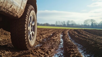 A close-up shot of a muddy off-road tire track in a freshly ploughed field. The tire marks are deep and prominent, symbolizing the power and resilience of the vehicle. The brown soil represents the fe