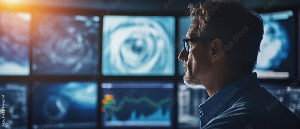 Poster a professional gazes thoughtfully at multiple screens displaying data and visuals, reflecting on inn