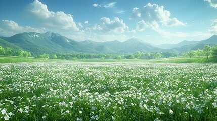   A field brimming with white blossoms beneath a blue canopy and a majestic mountain backdrop with wisps in the sky
