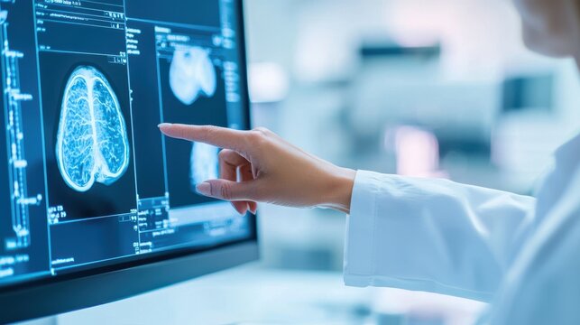A close-up of a doctors hand pointing to a mammogram image on a computer screen during a patient consultation emphasizing the role of advanced diagnostic tools and the importance of understanding
