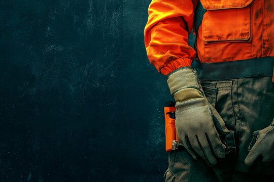 A close-up shot of a worker wearing safety gear, including gloves and a high-visibility orange jacket. The worker's hands are in their pockets, with tools visible on their belt, symbolizing hard work,