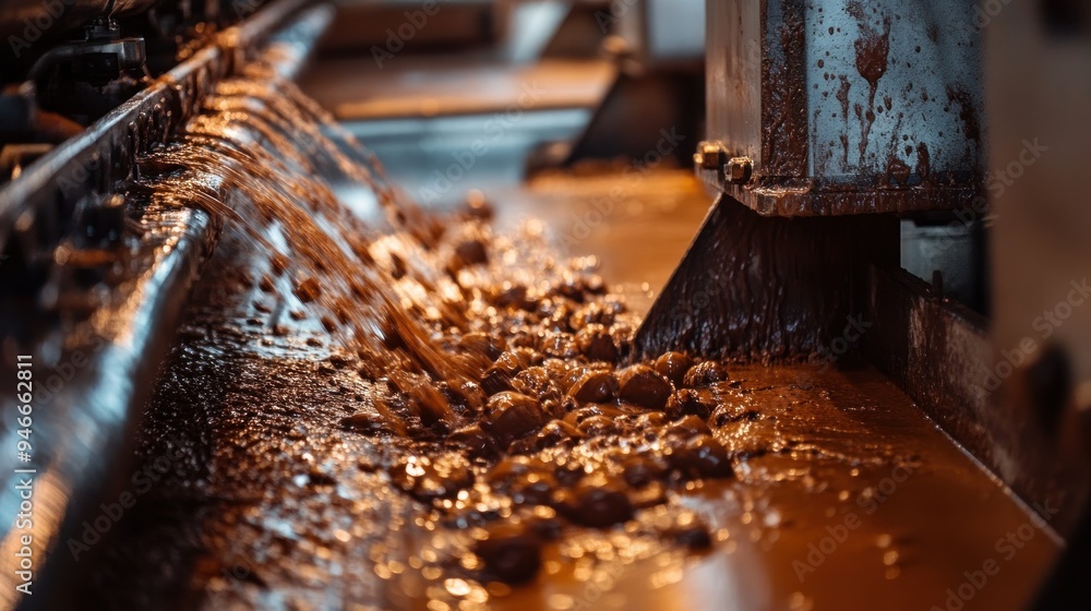 Poster close-up of a conveyor belt with brown objects and water flowing over