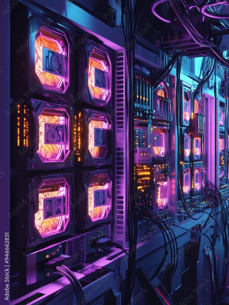 Poster a close-up shot of cryptocurrency mining hardware running at full capacity. the image symbolizes the