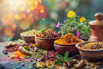 Vibrant Spices and Herbs with Floral Background. Ayurveda, ayurvedic herbs, Generative AI
