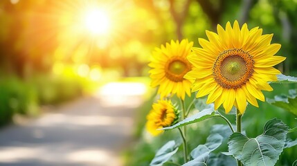 Obraz premium A sunny forest path leads to a field of golden sunflowers