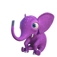 Pink cute baby elephant sitting on the floor and holding up a phone. 3D illustration on transparent background. 