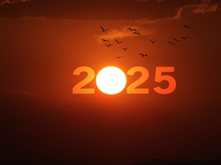 Happy New Year 2025 Idea.Transition from 2024 to new year 2025 concept with text on sun rising sky....