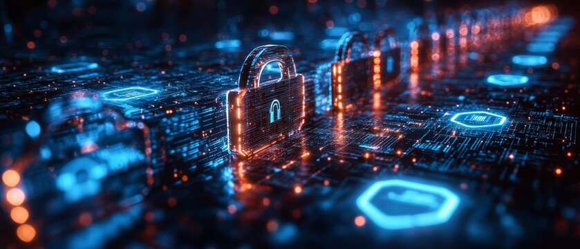 An abstract visualization of security protocols shielding against breaches, with multifactor authentication and strict policy adherence