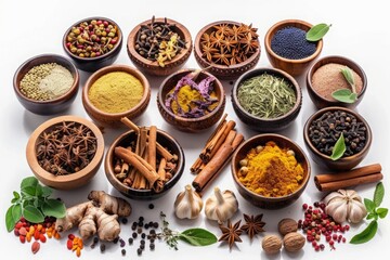 Assorted spices and herbs in wooden bowls on white background. Variety of colorful spices, roots, and seasonings with fresh herbs. Ayurveda, ayurvedic herbs, Generative AI