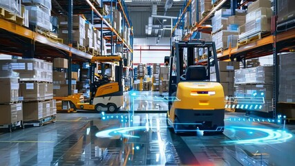 Autonomous forklift truck is moving through a warehouse, following a digital path on the floor, while warehouse workers are driving other forklifts in the background - Powered by Adobe